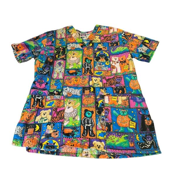 Scrub Top Los Angeles Rose Women Large (?) Halloween Bears Short Sleeve READ - Picture 1 of 6